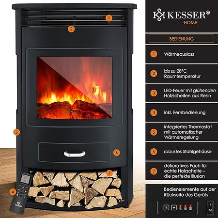 KESSER® Prio Elektrokamin mit Heizung & Fernbedienung, 950/1900W, Realistischer LED-Flammeneffekt, 3-Seiten-Panoramafenster, Thermostat & Timer, Standkamin
