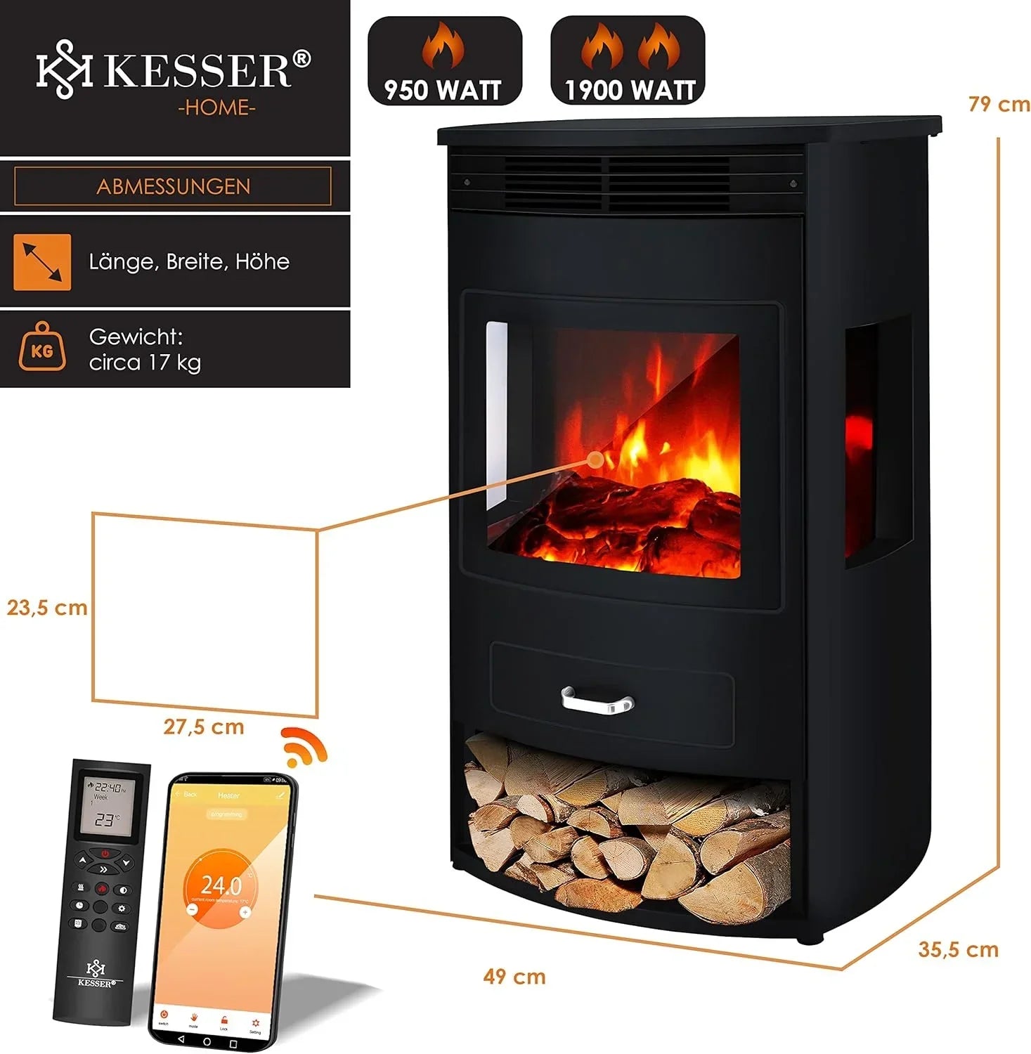 KESSER® Prio Elektrokamin mit Heizung & Fernbedienung, 950/1900W, Realistischer LED-Flammeneffekt, 3-Seiten-Panoramafenster, Thermostat & Timer, Standkamin